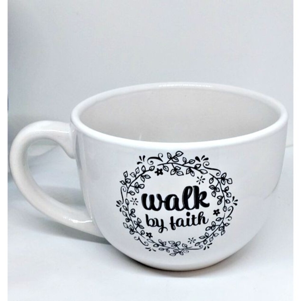 Trisa Ceramic Large "Walk by Faith" White Mug Holds 20 oz Inspirational